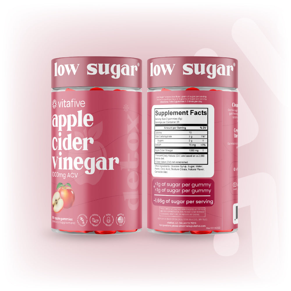 VitaFive - Low Sugar Apple Cider Vinegar Gummies  - Vegan - Gluten Free - Kosher - Halal