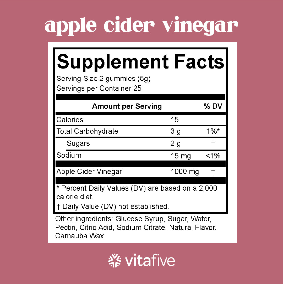 VitaFive - Low Sugar Apple Cider Vinegar Gummies  - Vegan - Gluten Free - Kosher - Halal