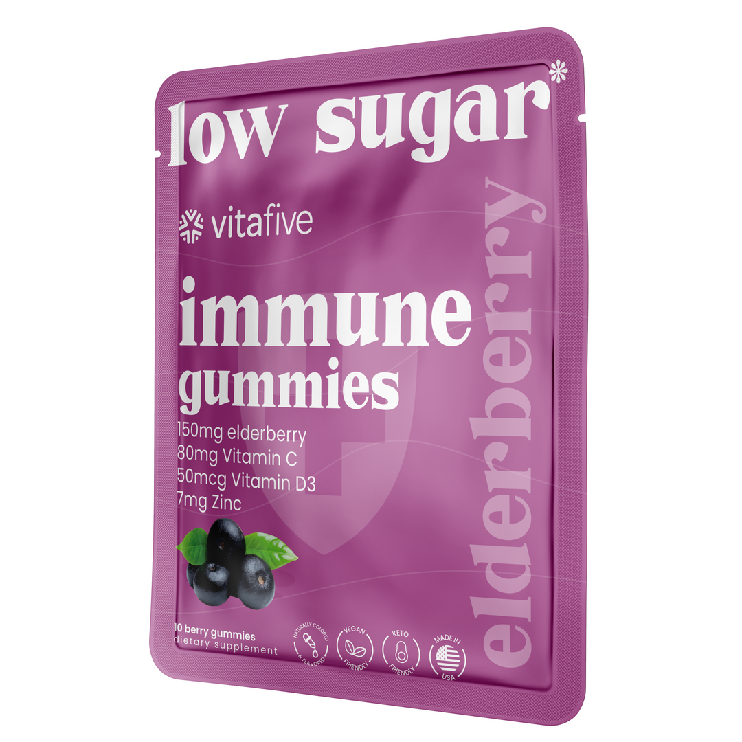 VitaFive - Low Sugar Elderberry Gummies for Immunity - Vegan - Gluten Free - Kosher - Halal
