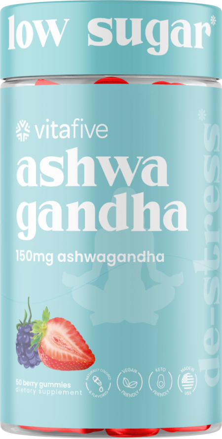 Discover vitafive's Low Sugar Ashwagandha Gummies! With less than 1g of sugar, these delicious mixed berry gummies deliver 250mg of ashwagandha and 500mcg of vitamin B12. Enjoy a tasty way to de-stress, all while being vegan and free of artificial ingredients!