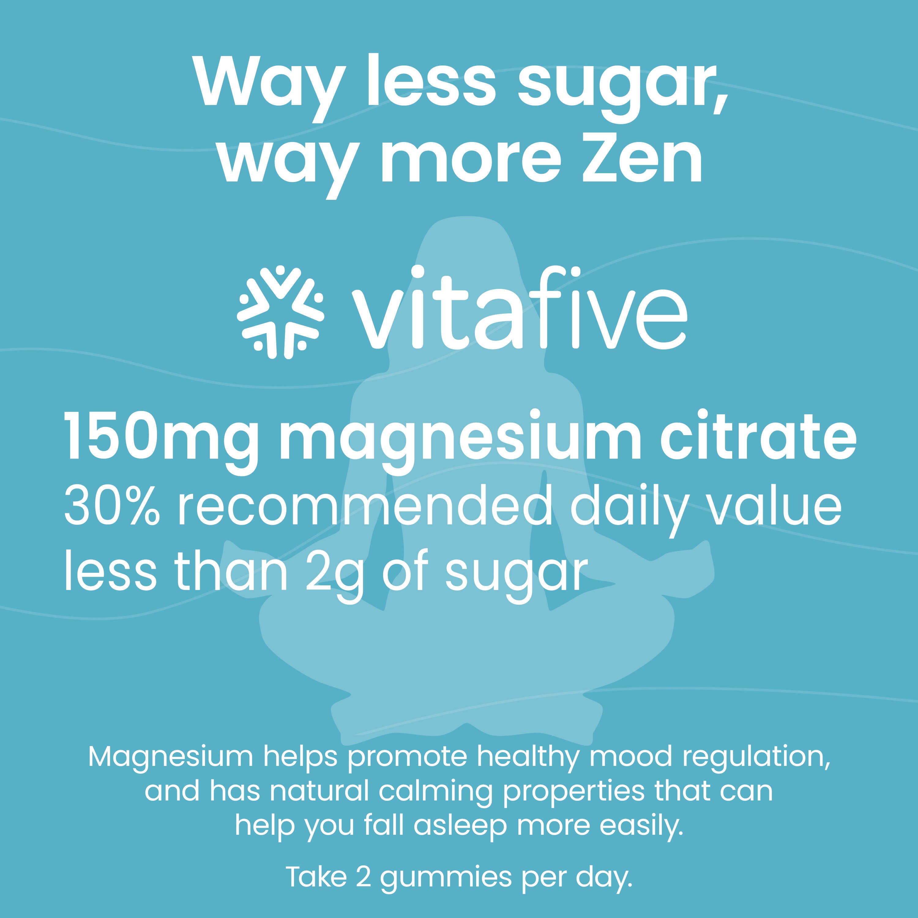 Prioritize your mental wellness with vitafive’s Low Sugar Magnesium Gummies! Each chewable serving delivers 125mg of magnesium citrate and less than 2g of sugar, all while tasting fantastic. Enjoy a vegan, gluten-free snack that’s 3rd party tested for quality and effectiveness—no refrigeration needed!