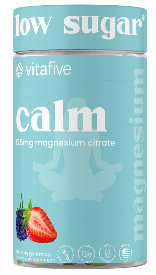 Feeling stressed? Try vitafive's Low Sugar Magnesium Gummies! Each serving offers 125mg of magnesium citrate with less than 2g of sugar, making relaxation delicious. These vegan, gluten-free gummies are 3rd party tested and free from artificial colors and flavors—perfect for your wellness routine!