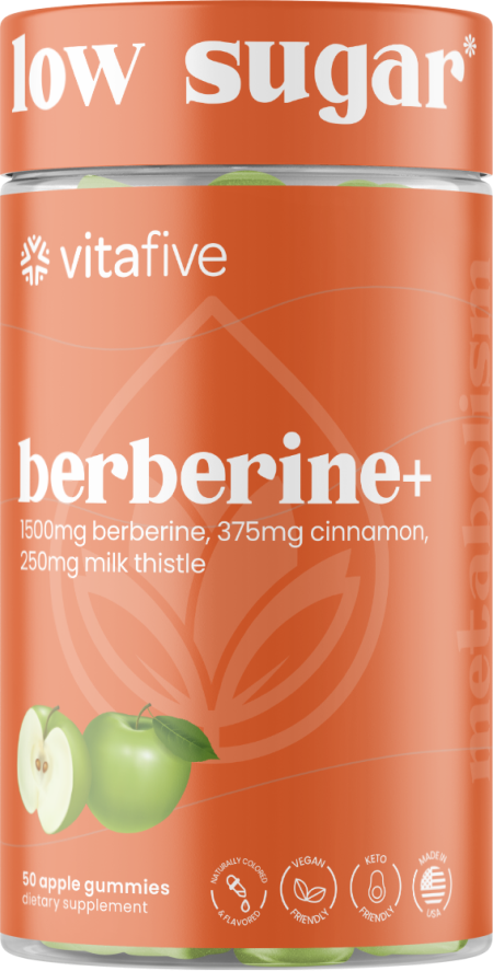 Support your wellness with vitafive’s Low Sugar Berberine Gummies! Each gummy combines berberine for blood sugar health and Ceylon cinnamon for antioxidants.