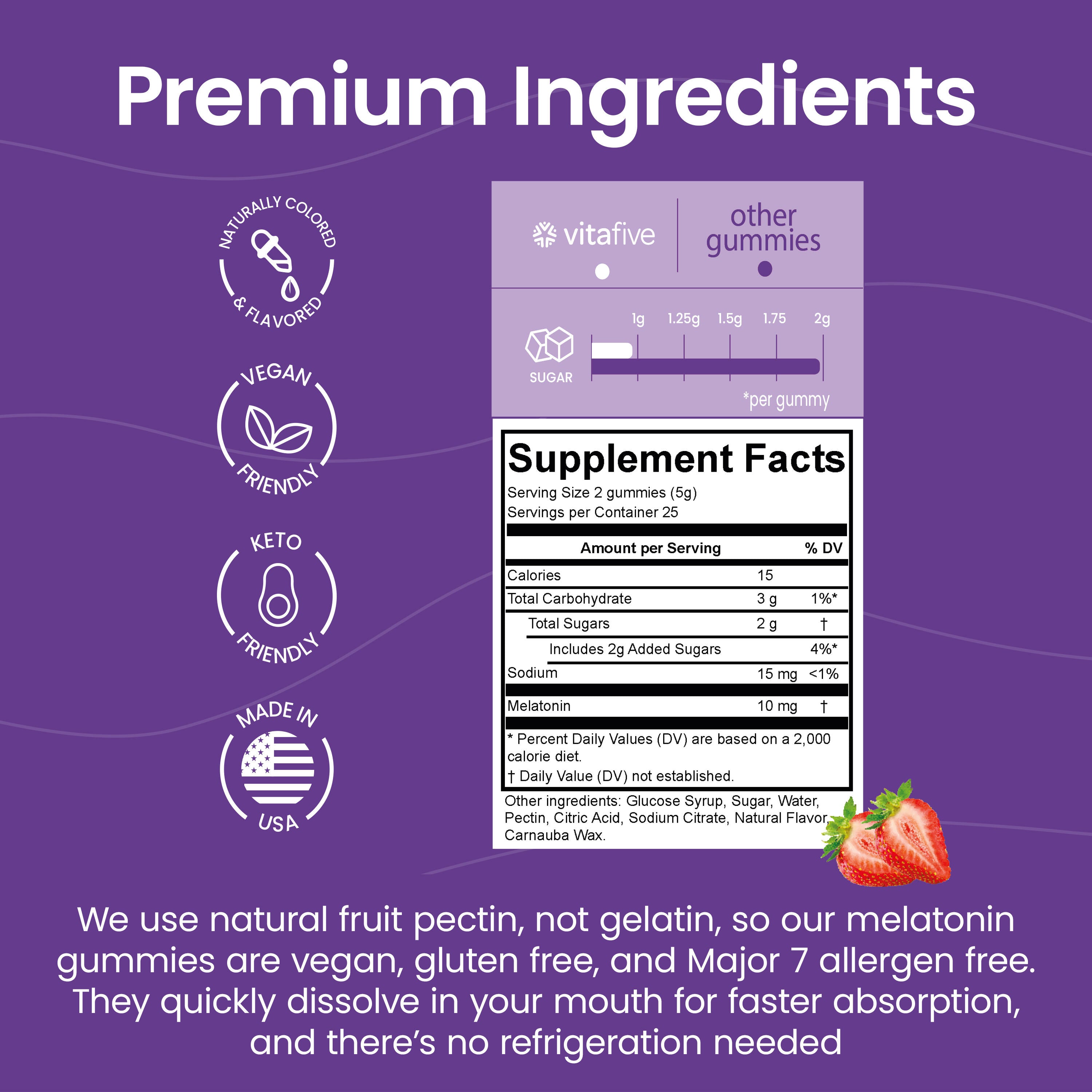 Tired of sleepless nights? Try our low sugar melatonin gummies! Each delicious gummy delivers 5mg of melatonin, promoting quicker sleep onset and longer rest. With no artificial flavors and less than 1g of sugar, they’re a guilt-free way to support your sleep routine. Enjoy sweet dreams!