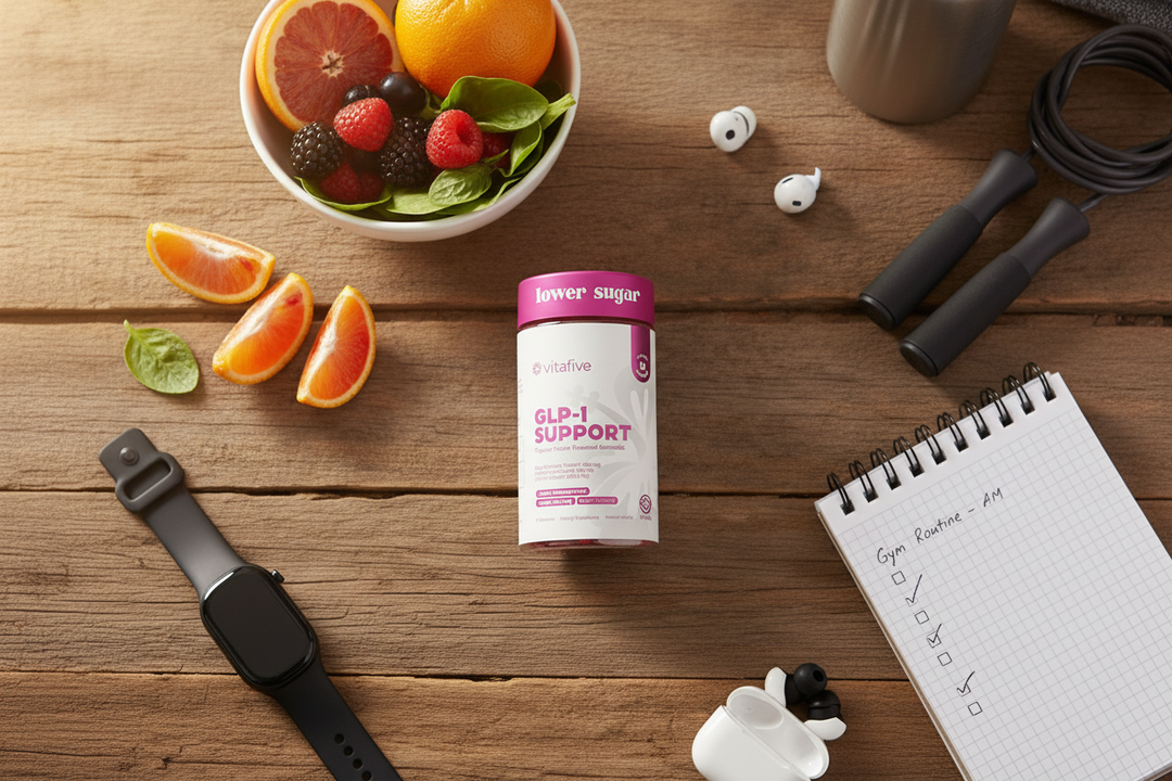 Colorful Vitafive gummy vitamins showing natural ingredients